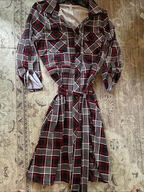 NY Collection Red and Black Plaid Midi Shirt Dress with Belt